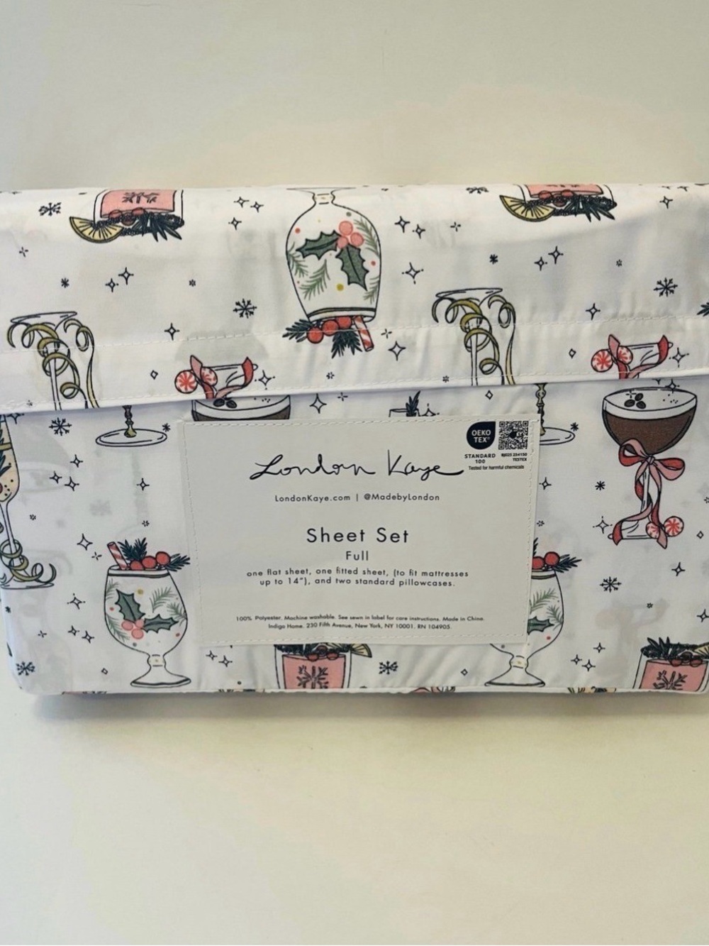 London Kaye Full Size White Sheet Set Deck the Cocktails Candy Cane Peppermint - Picture 8 of 12